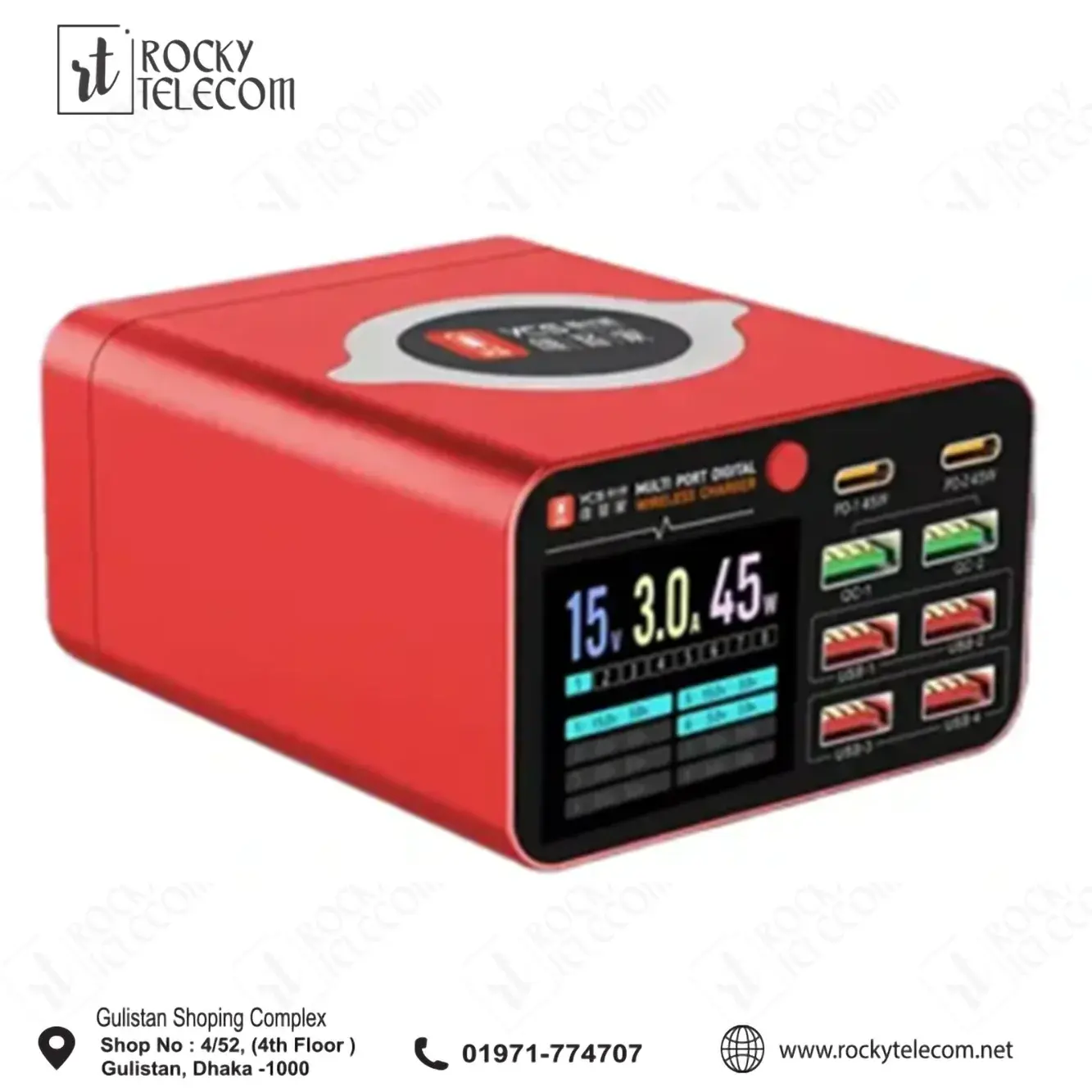 YCS S-550 Multi-Charger – 6-Port Charging Station with Dual 45W PD + QC Fast Charge