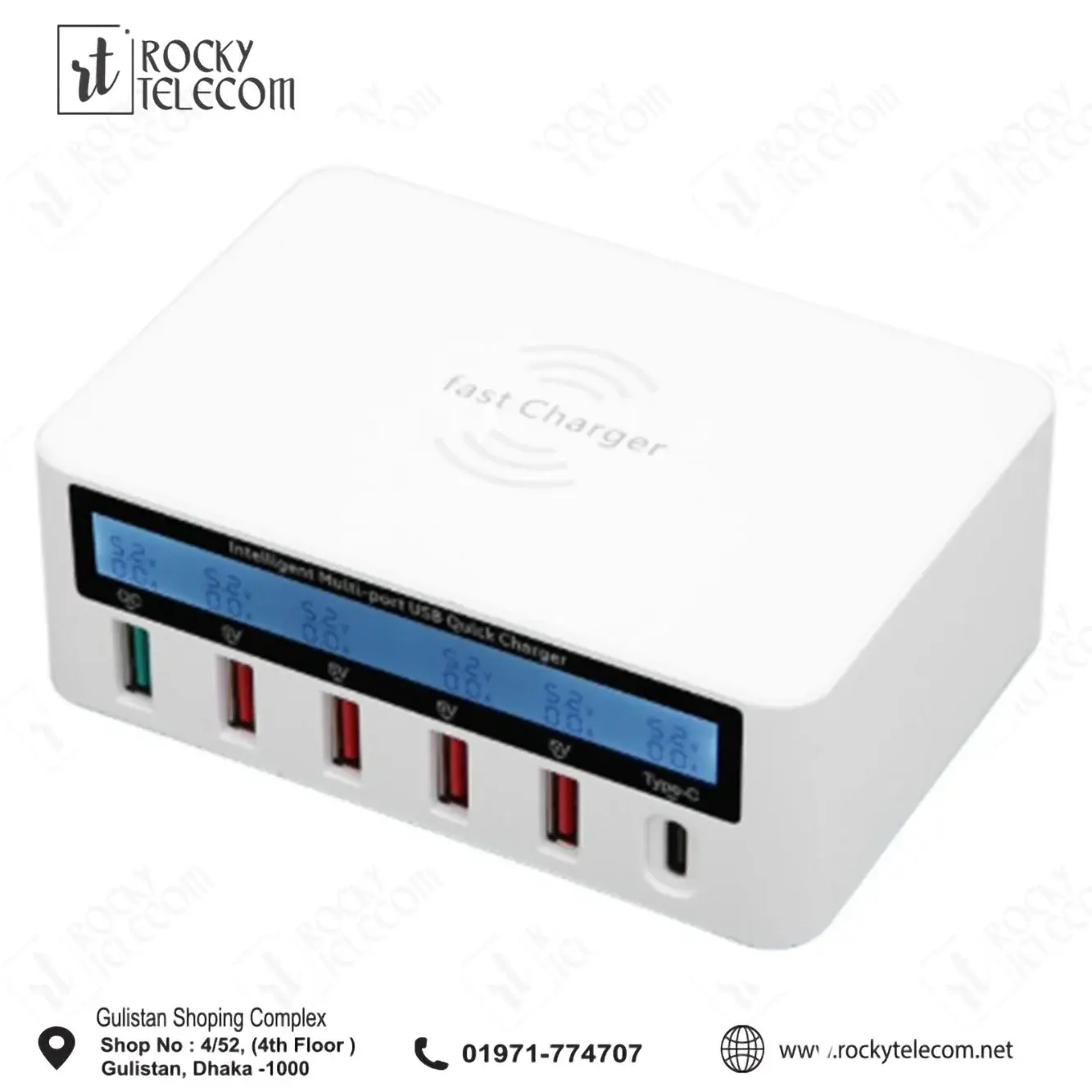 818F Wireless Charging 6 In 1 15W QC3.0 + USB-C / Type-C Charger + 4 USB Ports with Smart LCD Screen