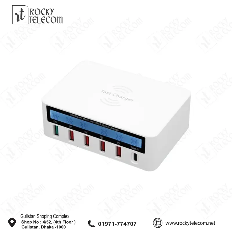 818F Wireless Charging 6 In 1 15W QC3.0 + USB-C / Type-C Charger + 4 USB Ports with Smart LCD Screen